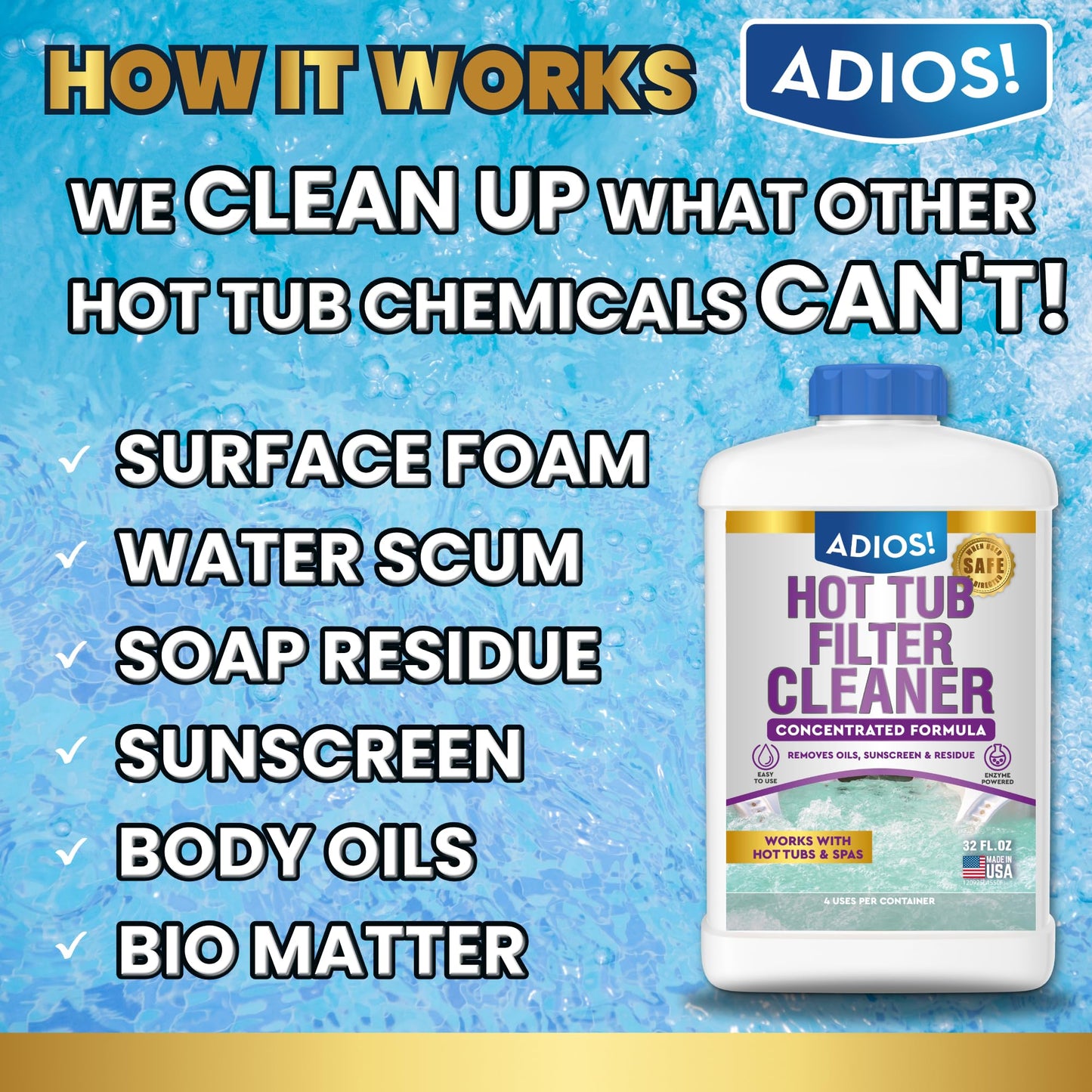 Adios! Hot Tub 4X Filter Cleaner for Spas – Deep Cleaning Soaking Solution Dissolves Grease and Grime, Unclogging and Restoring Water Flow (32oz)