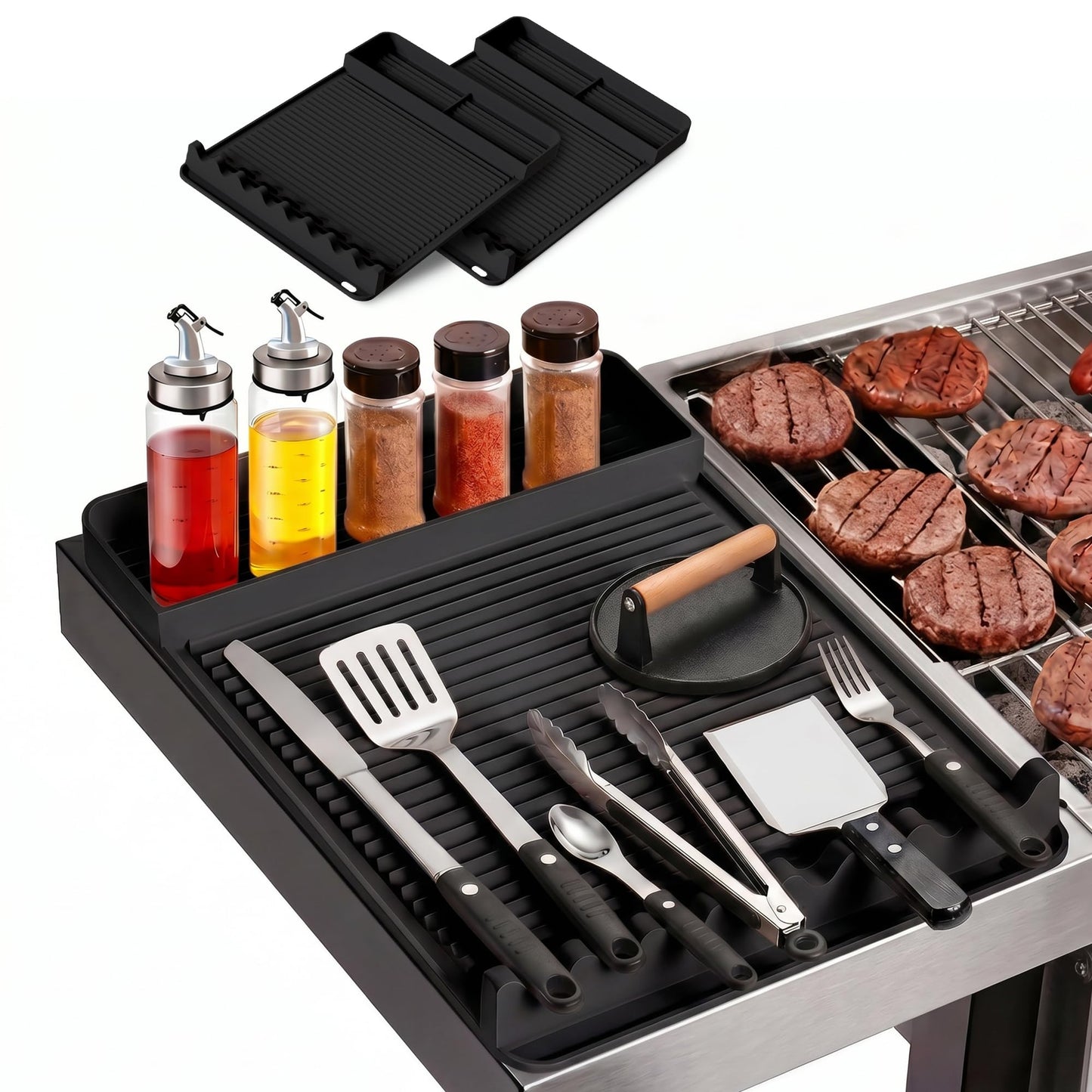 WZGUSXN 2Pack Silicone Grill Mat for Blackstone - 16x11.5 Inch Non-Slip Tool Mat with Sauce Drip Pad & Wavy Grip, Outdoor BBQ Accessories & Gifts for Men, Dad, Grilling (Black)