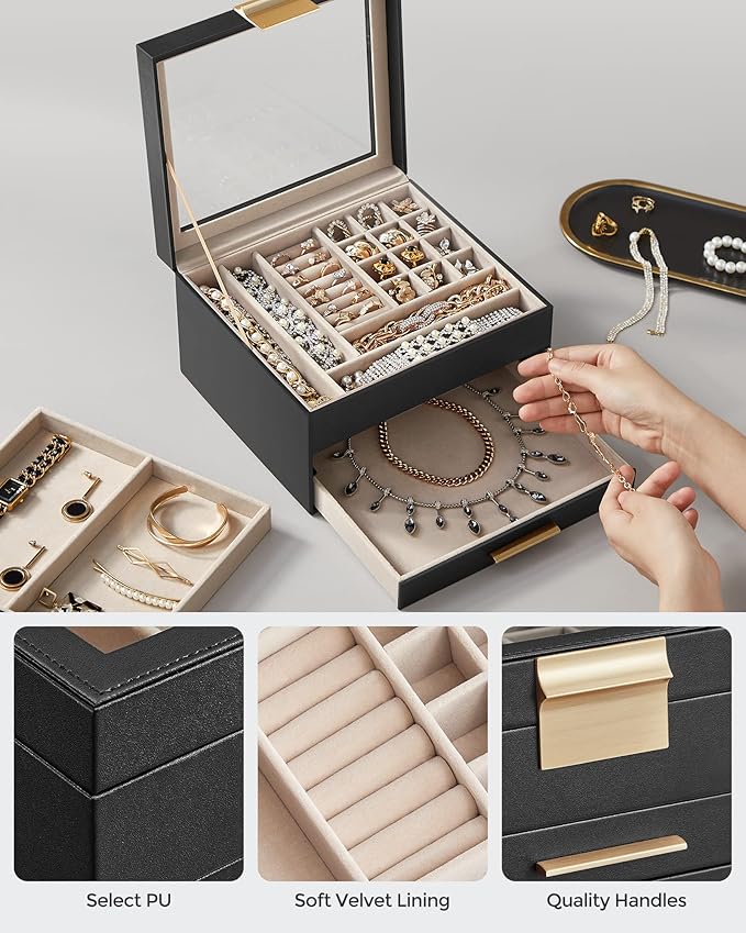 SONGMICS GISELLA Collection - Jewelry Box Organizer, 3-Layer Jewelry Storage with 2 Drawers, Shiny Metal Hardware, Glass Lid, Modern, 8 x 9.1 x 5.3 Inches, Ink Black and Gold Color UJBC239B03