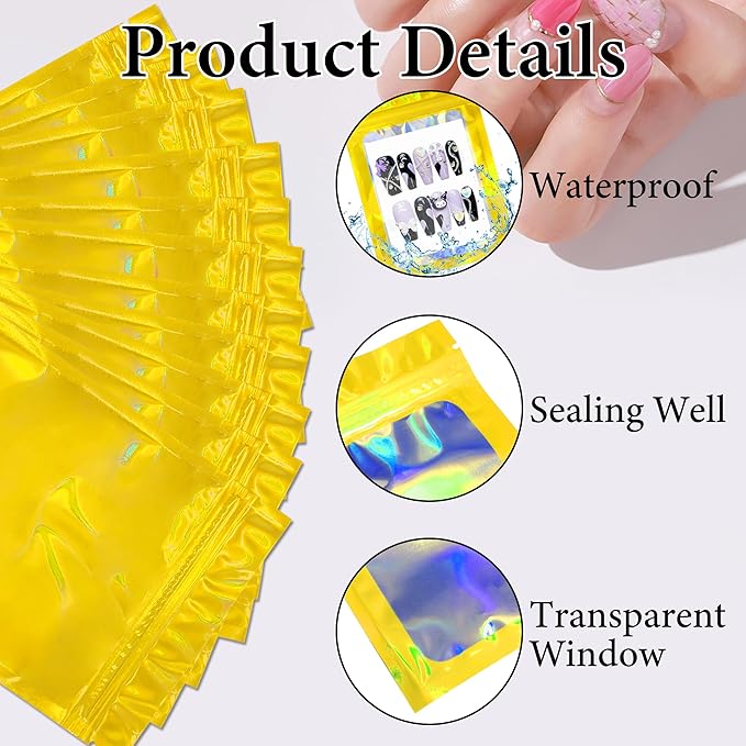 Qenk 100PCS Empty Holographic Nail Storage Bag Press on Nail Packaging Bag and 100PCS Shiny white cardboard Nail Tips Packaging Bags with 1 Roll Transparent Tape (Gold)