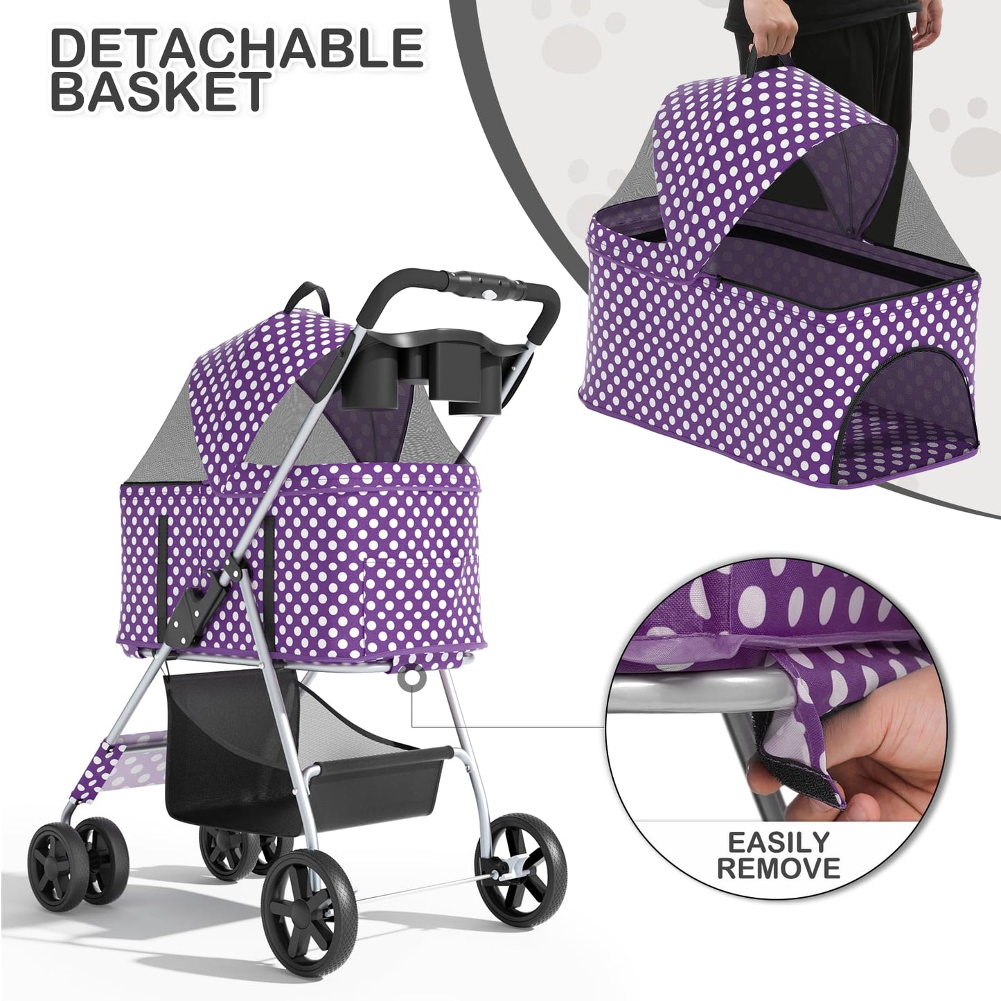 MoNiBloom 3 in 1 Foldable Pet Stroller for Small & Medium Dogs, Detachable Carrier, Car Seat, Push Button Entry, 4-Wheel Jogger for Pets up to 33 lbs, Purple Polka Dots