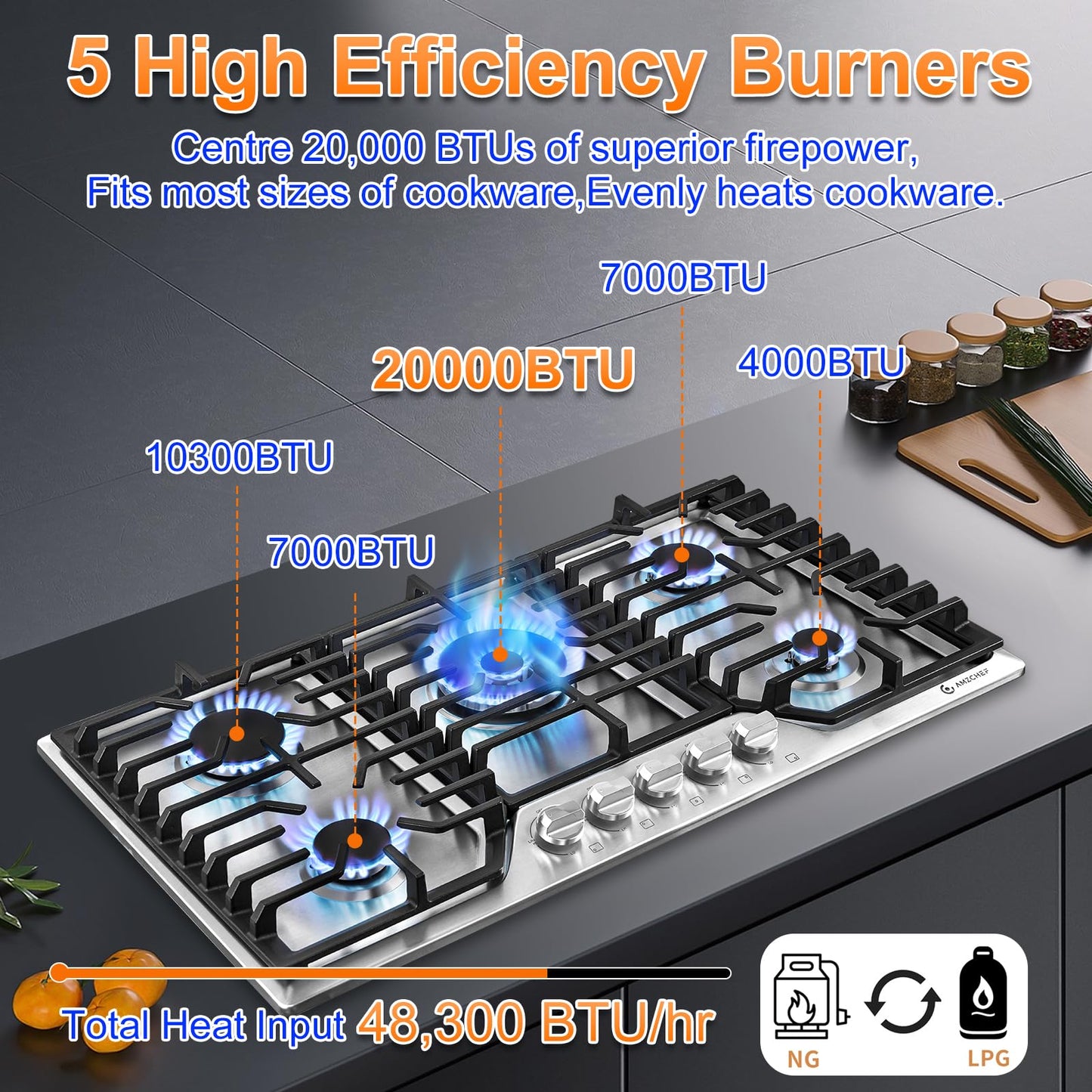 AMZCHEF 36 inch Gas Cooktop with 5 Made in Italy SABAF Power Burners.Max 48300 BTU/hr Built-in Gas Stove top of 304 Stainless steel,NG/LPG Convertible,ETL.
