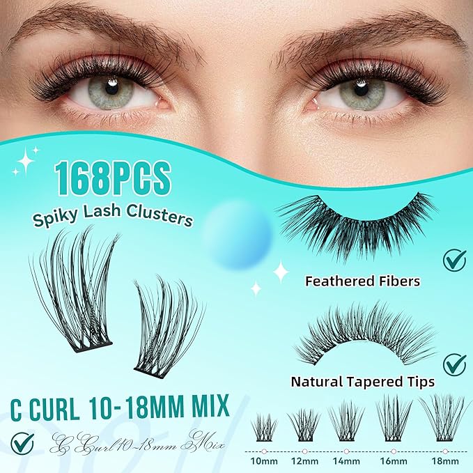Manga Lash Clusters Fairy Eyelash Extension DIY 168pcs C Curl Anime Lashes Extensions Wispy Eyelashes Cluster with Thin Band Individual Lashes False Eyelashes At Home (Spiky, C-10-18mm)