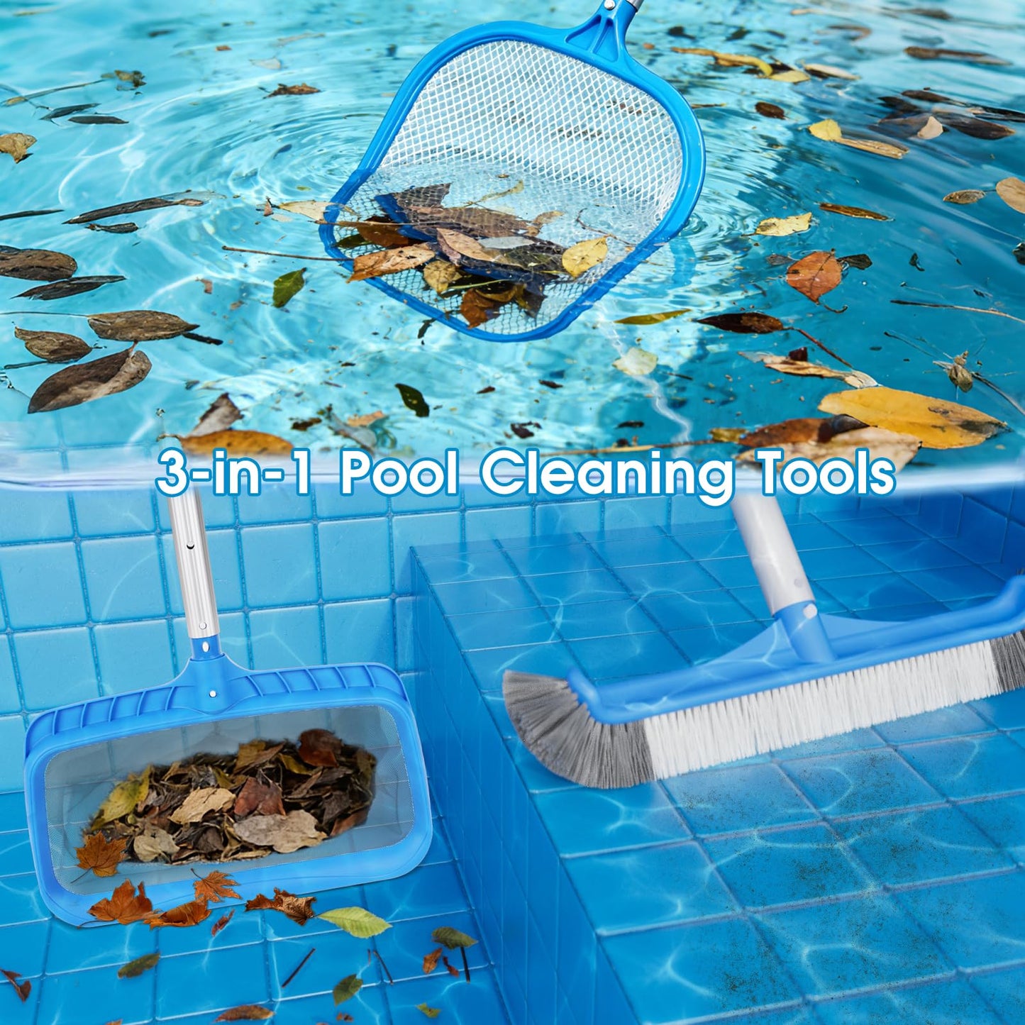 3-in-1 TidyMister Pool Cleaning Kit – 18'' Pool Net with Deep Bag & 18'' Pool Brush Head & 9'' Ultra Fine Mesh Skimmer Net, Cleaning Set for Above Ground Inground Pools, Spas, Hot Tubs