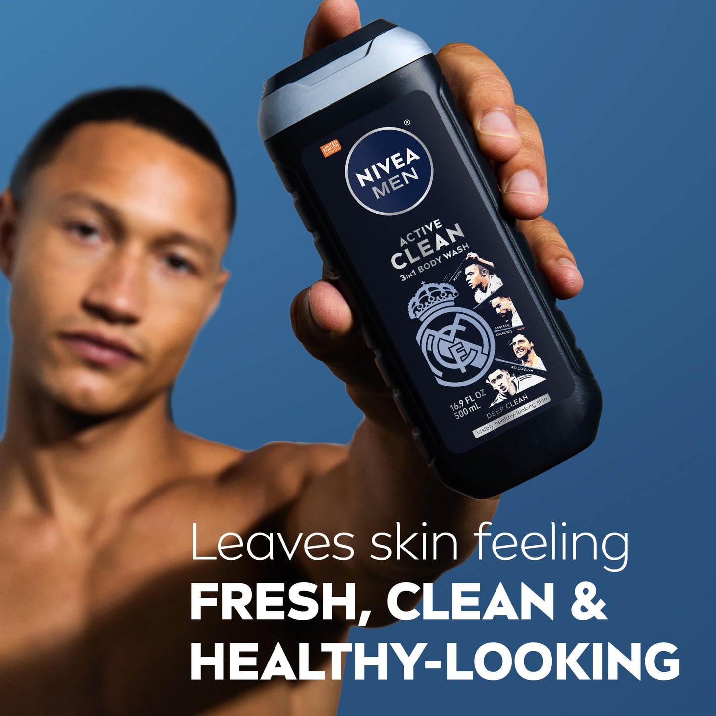 NIVEA MEN Real Madrid Limited Edition Design Active Clean Body Wash with Natural Charcoal for Normal to Oily Skin, 3-in-1 Charcoal Body Wash, Face and Hair, 16.9 Fl Oz Bottle, Pack of 3