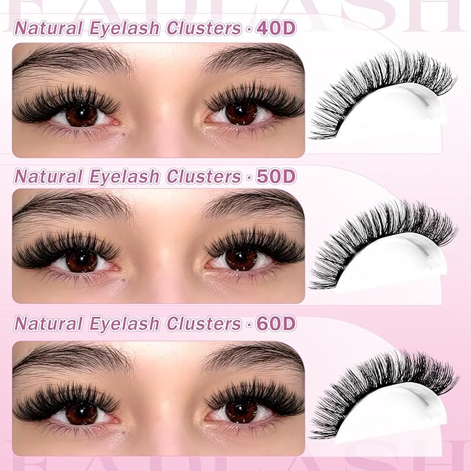 FADLASH Lash Clusters 40D 50D 60D Natural Wispy Eyelash Clusters 8-16mm D Curl Cluster Eyelash Extensions Soft Thin Band DIY at Home