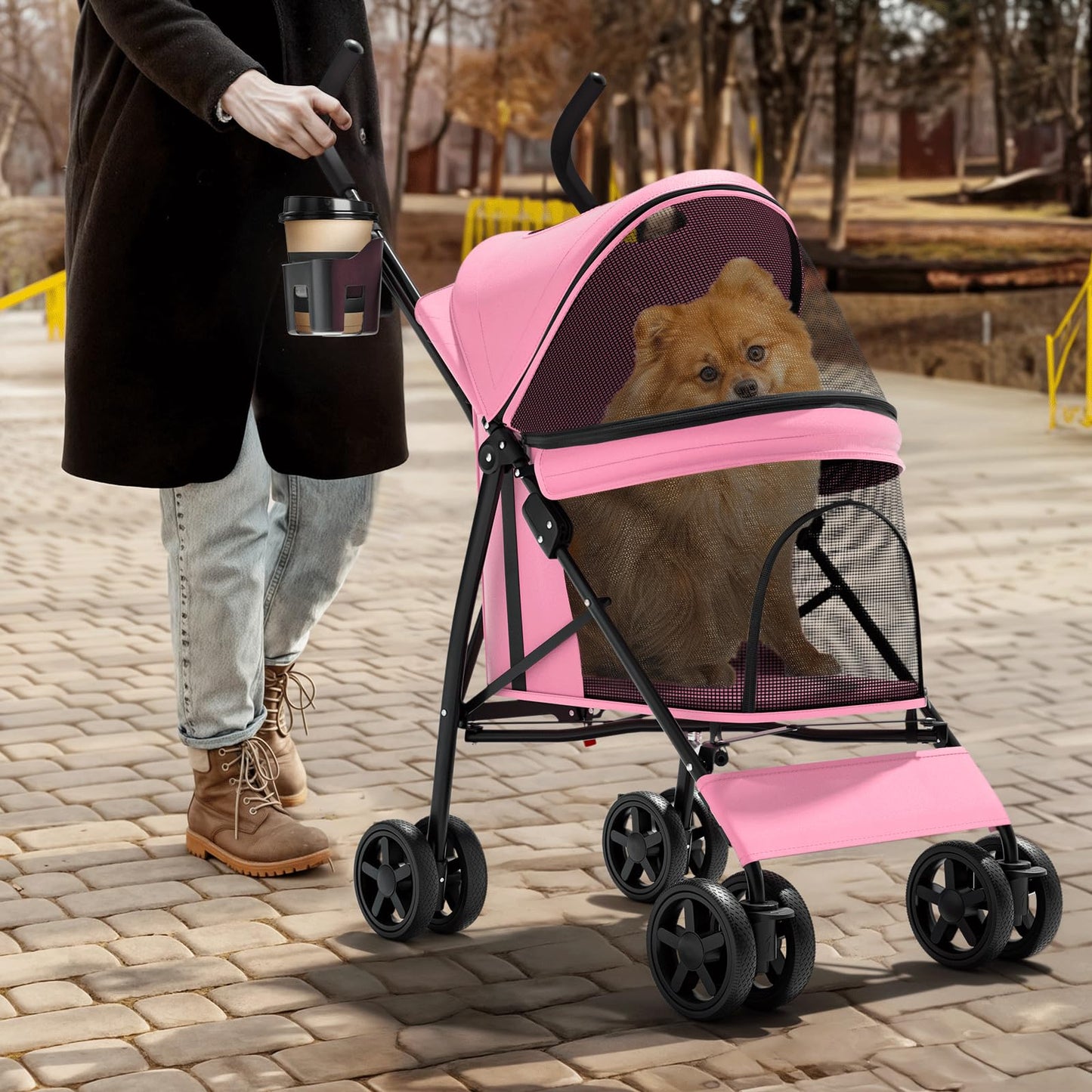 Magshion Compact Pet Stroller for Small-Medium Dogs/Cats up to 22lbs, 4-Wheel Lightweight Umbrella Shaped Portable Puppy Travel Jogger with Breathable Mesh, Cup Holder & Rear Storage, Pink