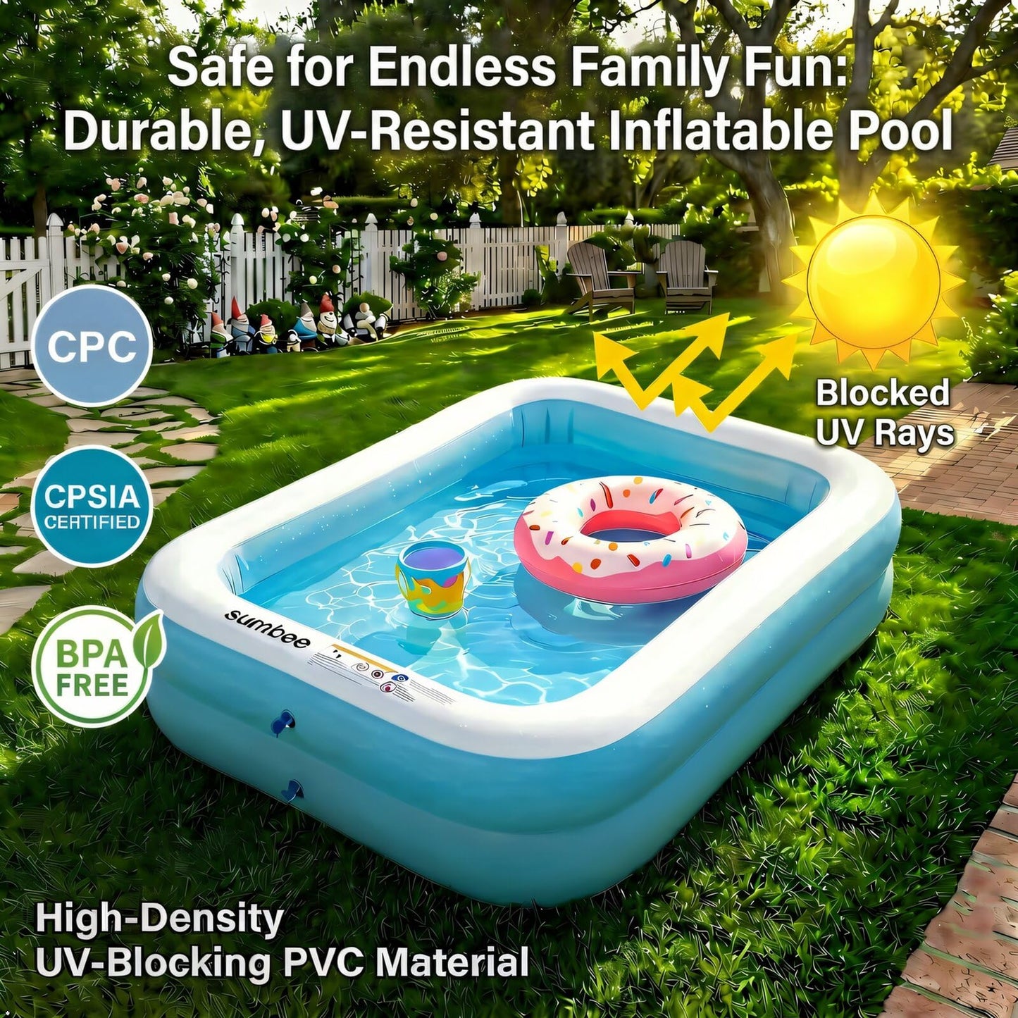 Sumbee Inflatable Pool for Kids and Adults, 79” x 59" x 20" Thickened Blow Up Swimming Family Pool for Toddlers Outdoor Patio Backyard Garden Deck Summer Party, Full Size Rectangular Blue