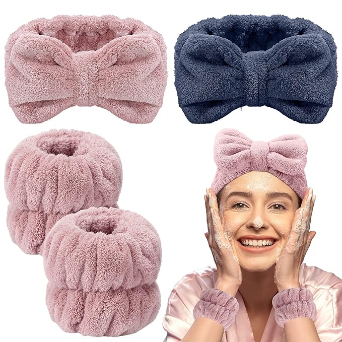 Chuangdi 4 Pcs Microfiber Headband Spa Wristbands and Wrist Bands for Washing Face Cuffs Towel Wristbands Hair Headband Face Wash Cuffs for Women Makeup(Pink, Blue)