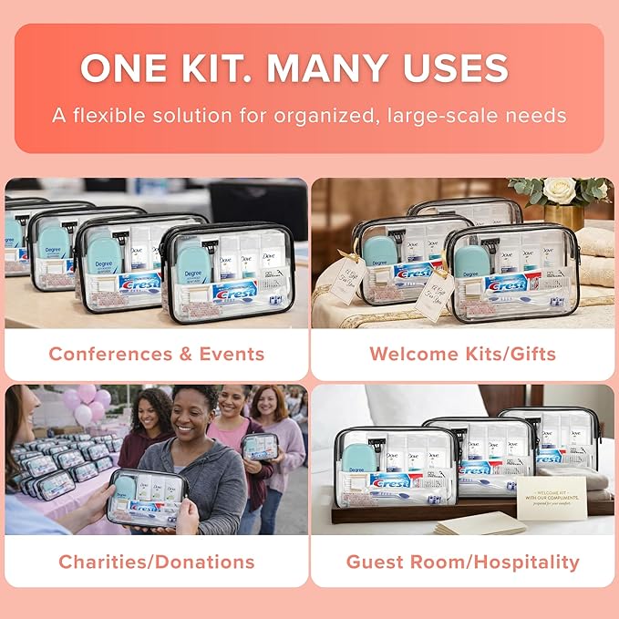 TrekTote Womens Bulk Travel Hygiene Kits 12 Piece, Travel Size Toiletries Set with Cosmetic Bag, Bulk Case Pack Pre Assembled Care Kits