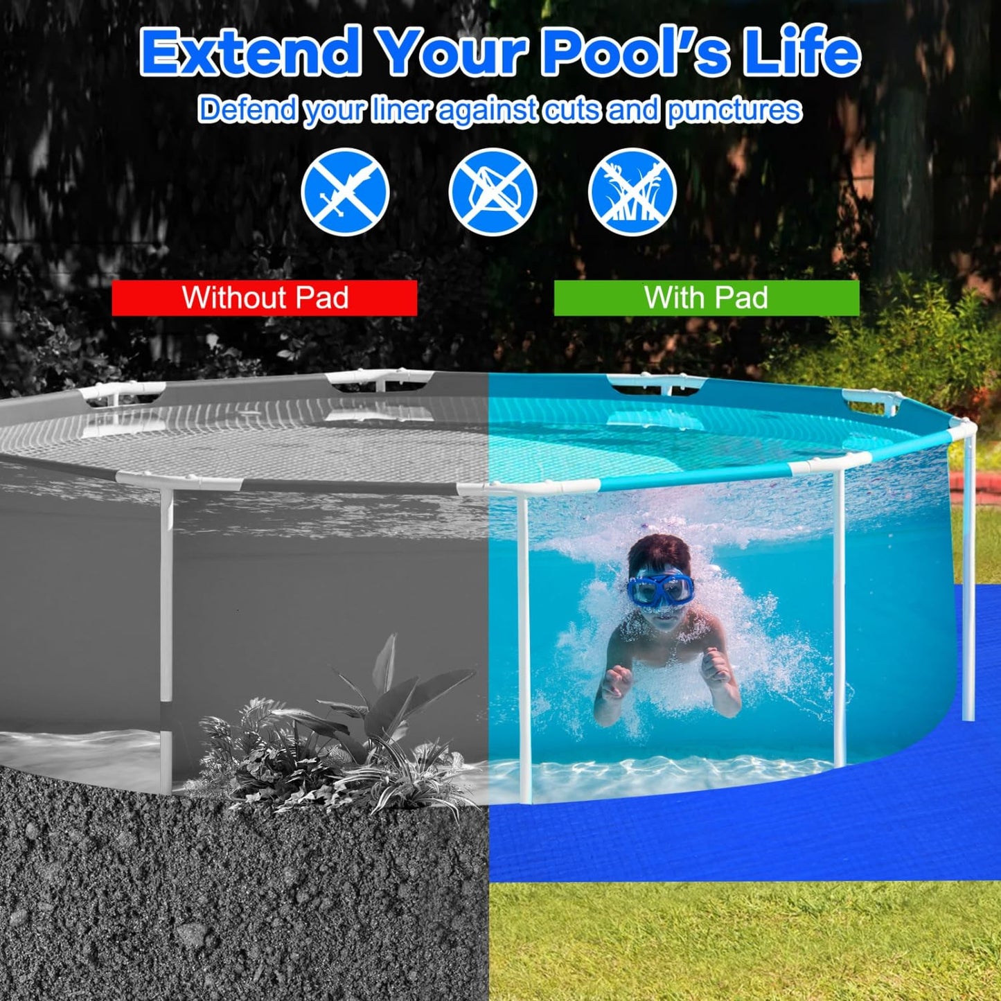 Gonioa 11 x 7.8 FT Pool Pad Tarp for Under Pool Liner Pad Under Pool Mat for Above Ground Pools, Thickened Pools Tarp Pools Ground Pads to Prevent Puncture and Extend Liner Life