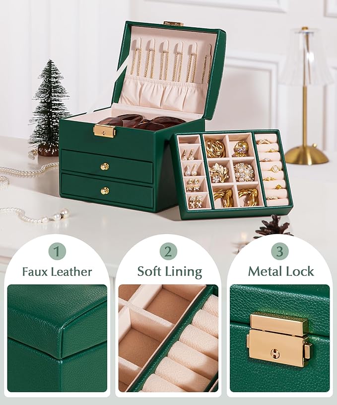 Homde Girls Jewelry Box with Lock: 3 Layer Organizer with Removable Tray - Storage for Ring Necklace Earring - Birthday & Return Gifts for Young Women (Midnight Green)