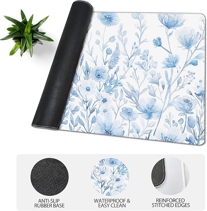 31.5?€?x11.8?€?Large Gaming Mouse Pad for Desk, Mouse Mat with Seamed Edges, Waterproof Desk Pad, Non-Slip Rubber Base, Keyboard Pad Computer Mat, Big XL Mousepad- Blue and White Flower
