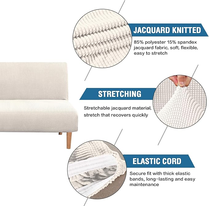 H.VERSAILTEX Armless Futon Cover Stretch Sofa Bed Slipcover Protector Elastic Feature Rich Textured High Spandex Small Checks Jacquard Fabric Futon Cover, Machine Washable, Ivory