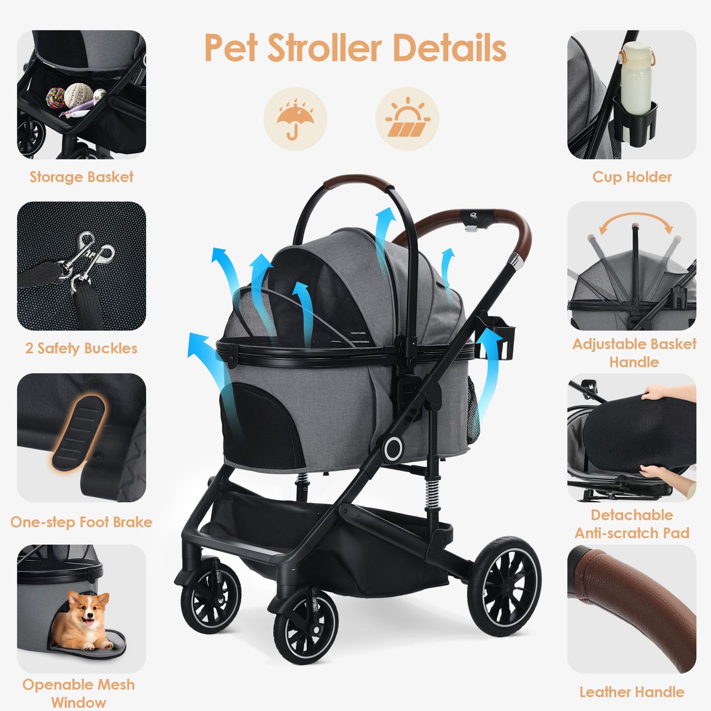 TODEFULL Pet Stroller with 4 Wheels, 3 in 1 Folding Puppy Strollers for Small/Medium Dogs Cats up to 50lbs, Lightweight Pet Travel Carrier with Detachable Cushion, Storage Basket and Cup Holder, Gray