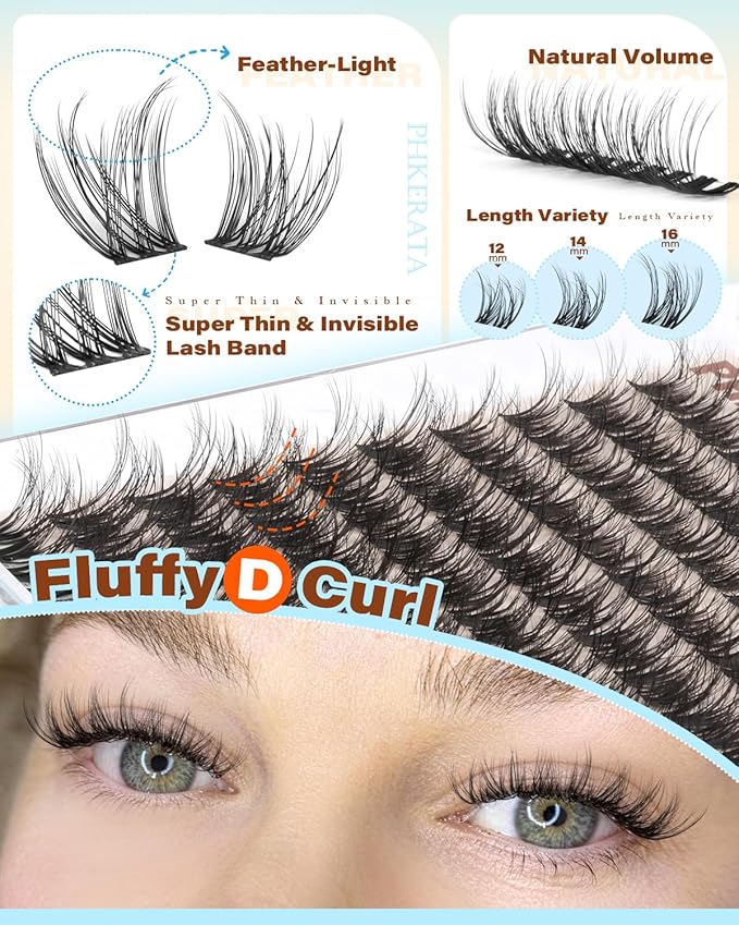 PHKERATA Spider Natural Lash Clusters Wispy Eyelash Clusters, Fluffy Cluster Eyelash Extensions with Invisible Clear Band, Russian D Curl 12-14-16mm DIY Individual Lashes