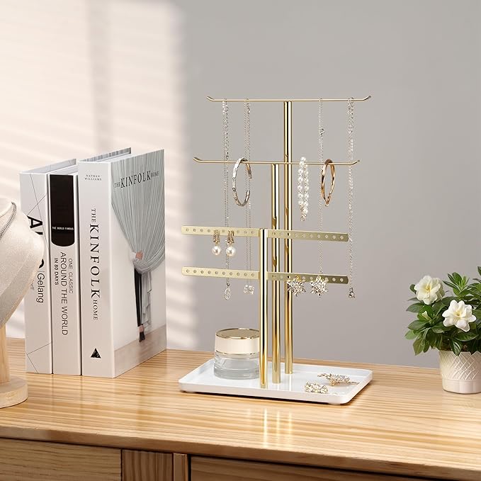 pickpiff Jewelry Stand Holder Organizer: 12.5" Sturdy Hanger for 80 Pcs Jewelry, Jewlery Tower for Display Necklace, Earring, Bracelet, Watch, Mirrored Gold