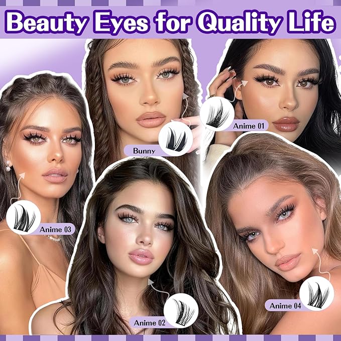 B&Q Manga Lash Clusters Kit DIY Eyelash Clusters at Home with 72H Waterproof Bond and Seal 0.05mm Ultra-Thin Band Wispy Spiky Anime Lashes for Daily & Party, 8-18mm Lash Extensions(KIT-Anime 01)