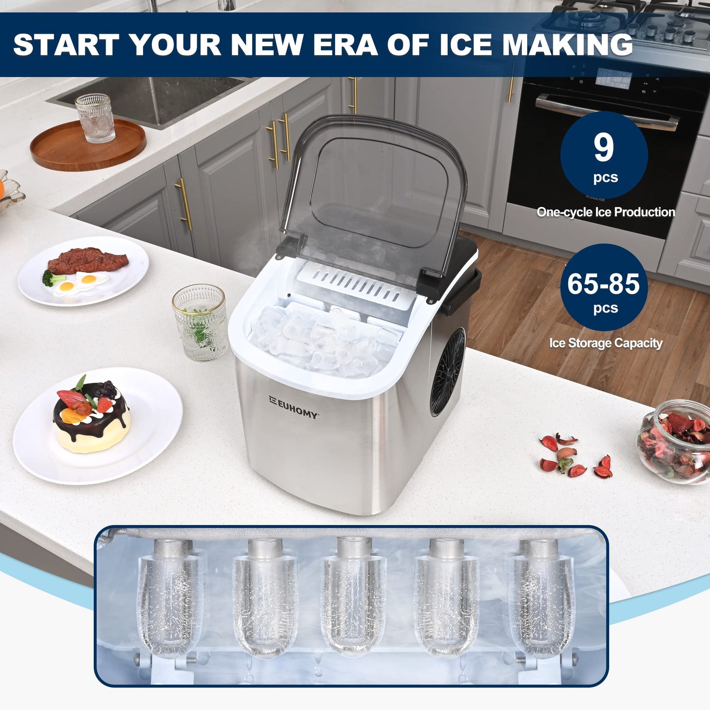 EUHOMY Ice Maker Machine Countertop with Handle, 26lbs/24H, 9 Bullet Ice Cubes Ready in 6 Mins, Auto-Cleaning, Portable Ice Maker with Basket and Scoop, for Home/Kitchen/Camping/RV. (Silver)