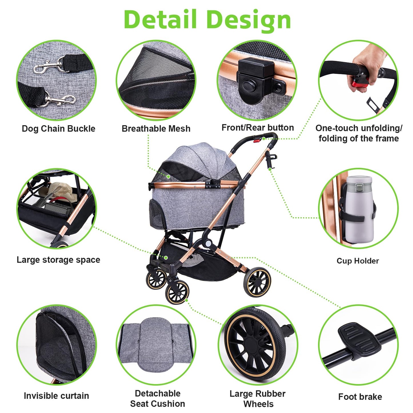 LENSEMUS Dog Stroller for Max 45 lbs Dogs - 3 in 1 Pet Stroller with Detachable Storage Basket 4 All-Terrain Rubber Wheels Pull Rod Durable Travel Carrier for Medium Dogs 2 Small Cats (Grey)