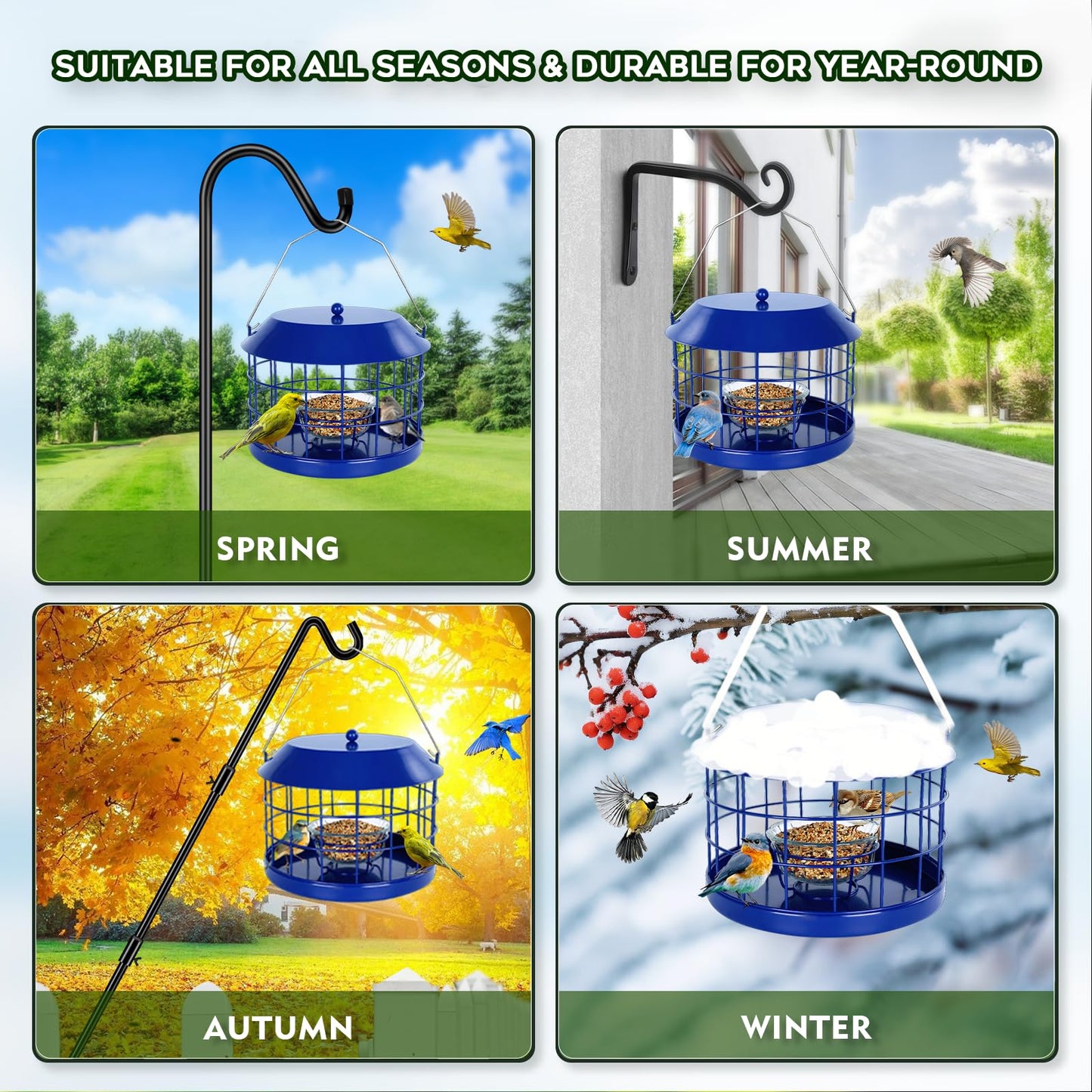 Gbekery Caged Bluebird Feeder for Mealworms with Glass Bowl, Squirrel Proof Bird Feeder for Small Birds Only, Detachable Hook, Large Space, Outdoors Weatherproof, Metal, Blue