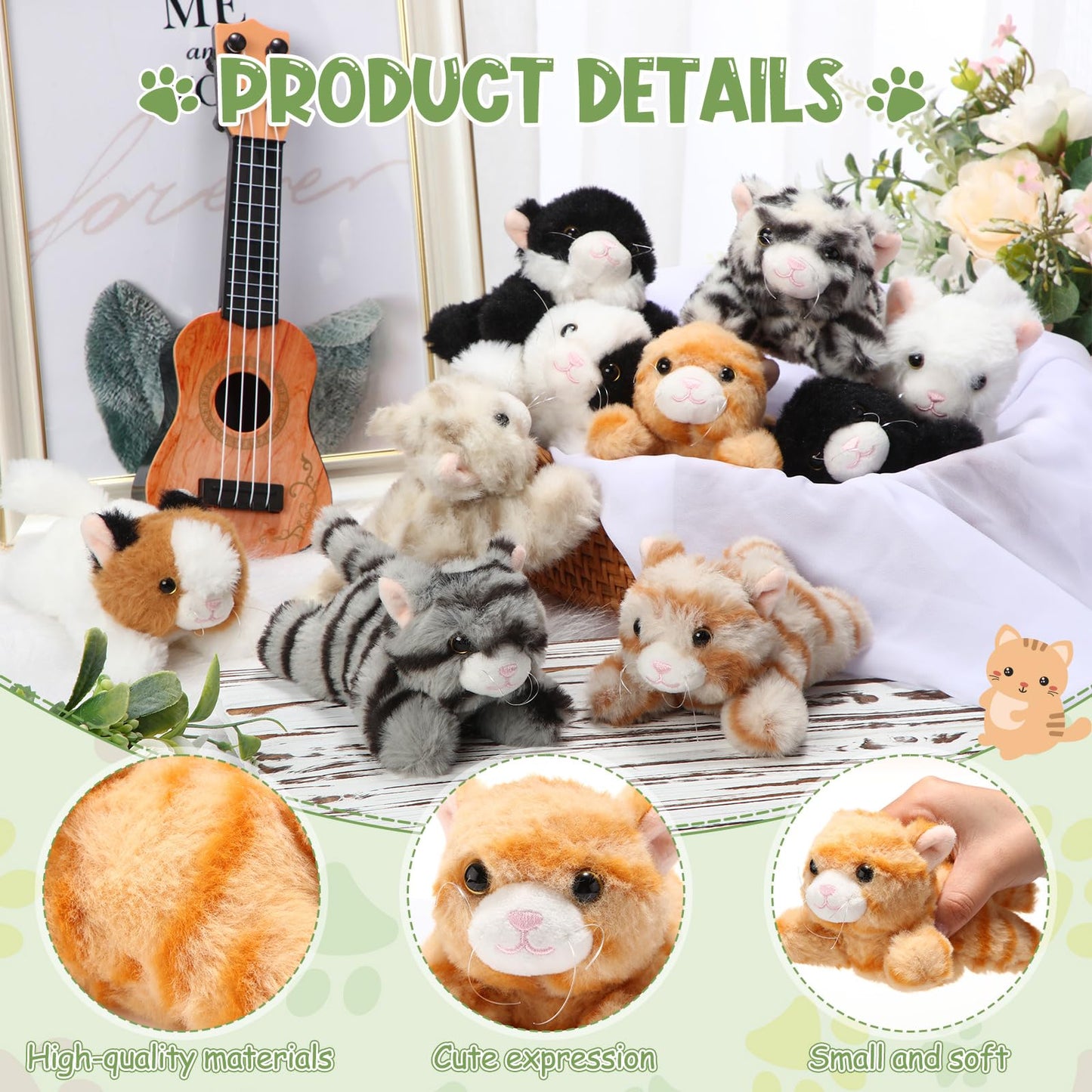 Lenwen 10 Pcs Cat Stuffed Animals Bulk Soft Cuddly Kitten Plush Sets Smitten Kittens Assorted Fluffy Stuffed Cats for Kiddos Birthday Gift Pet Party Favors Halloween Christmas Stuffers(Prone Style)