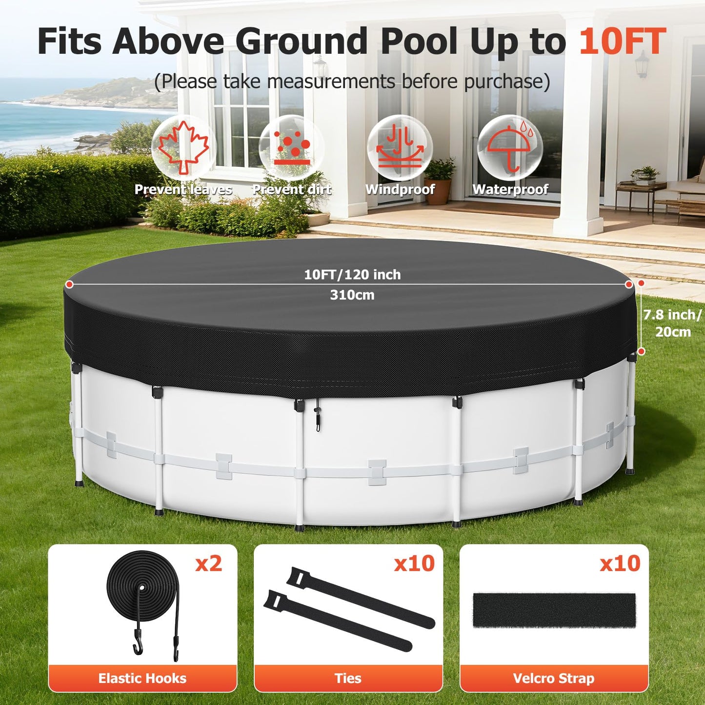10 Ft Round Pool Cover for Metal Frame Above Ground Pools - Upgraded Windproof Design Compatible with Intex/Bestway Frame Above Ground Outdoor Swimming Pool (Black)
