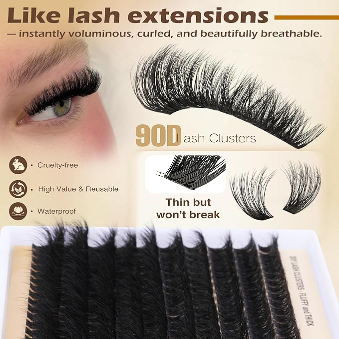 Focipeysa Fluffy Volume Lash Clusters DIY Eyelash Extension Kit D Curl Thick Lash Clusters Kit 10-18mm Thick Lash Extensions 90D Individual Eyelashes Extensions Kit with Lash Bond Lash Remover