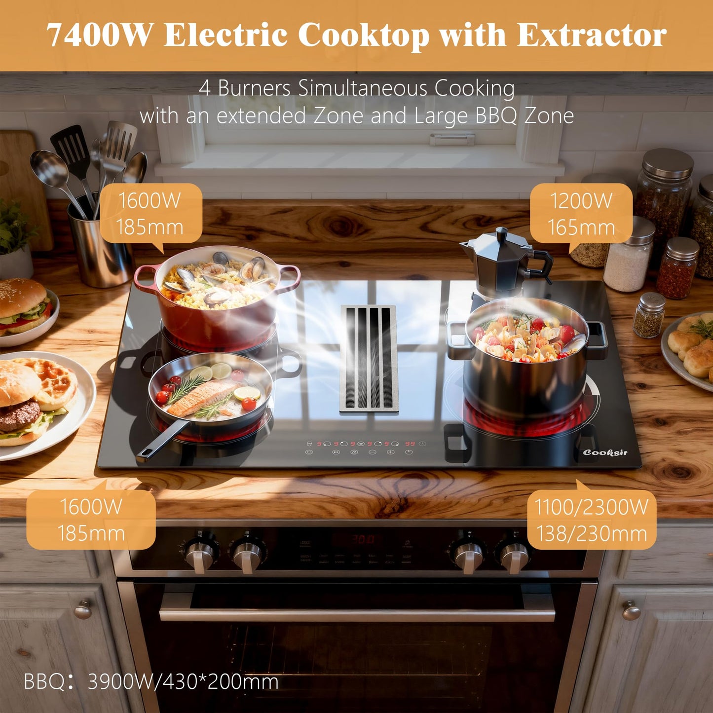 Cooksir 30 Inch Electric Cooktop with Ductless Downdraft - 4 Burner Built-in Stove 7400W, 30" Electric Stove Downdraft Range Hood 135W, Timer, Safety Lock, 220V Hard Wired, Recirculating Air Vent