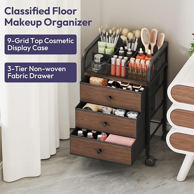 SWTYMIKI Rolling Makeup Organizer Cart - 14.96Ã¢ÂÂ³*11.81Ã¢ÂÂ³*23.03Ã¢ÂÂ³ Widened Under Desk Vanity Storage with 3 Non-woven Drawers, Cosmetic Display Cases for Skin Care Perfume Nail Polish Brush Hair Tool Black