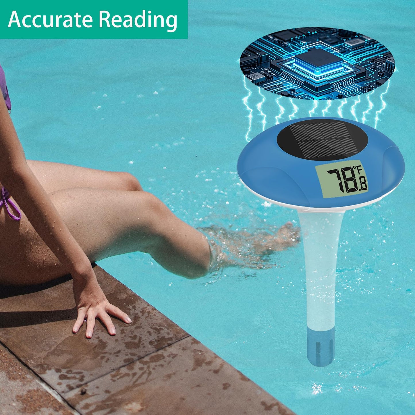 Digital Pool Thermometer Floating Easy Read –Solar Powered Floating Digital Temperature Gauge for Accurate Testing, Big LCD Screen for Easy Reading, °C/°F Display, IPX-8 Waterproof (Navy Blue)