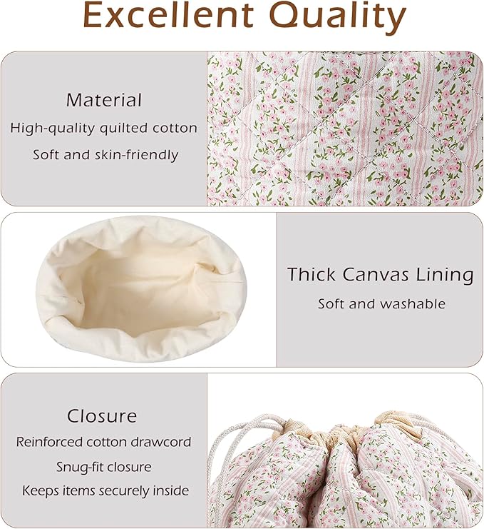 Cotton Quilted Drawstring Makeup Bag with Canvas Lining,Coquette Aesthetic Cute Travel Toiletry Bag,Drawstring Gift Bag for Women and Girls（17Small Pink）