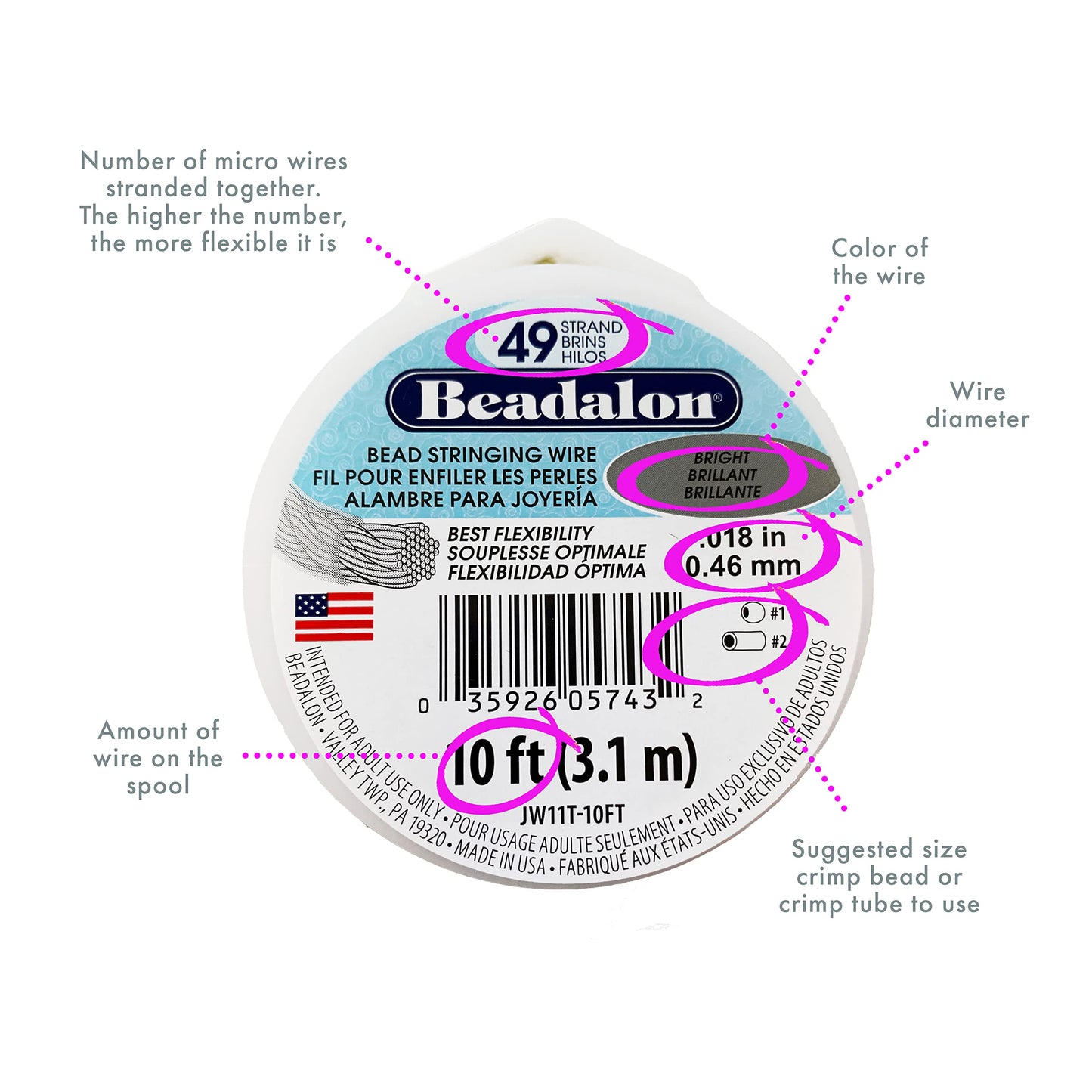 Beadalon 49 Strand Stainless Steel Bead Stringing Wire, .024 in / 0.61 mm, Black, 30 ft / 9.2 m