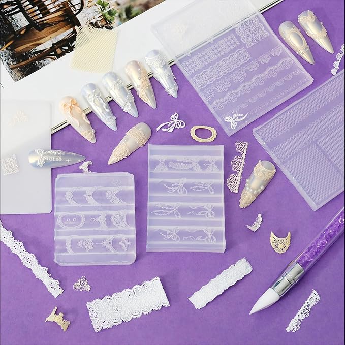 Laza 4pcs Lace Silicone Nail Art Molds, 3D Multiple Shapes Classical Lace Charms Silicone Nail Accessories with Carving Pen Resin Nail Art Mold Manicure Tools for Women DIY Y2k Decoration