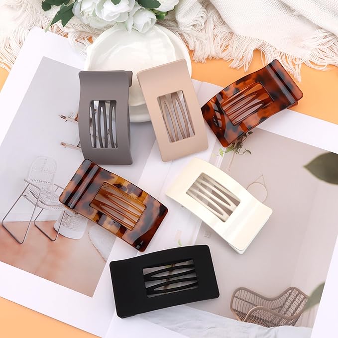 6 Pack Flat Hair Claws Clips for Women, Large Extra Strong & Thick Clips for Thick Fine Hair Styling, Secure Hair Hold Brown Grey