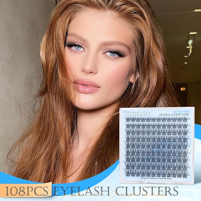 PHKERATA Wispy Lash Clusters Natural Eyelash Clusters 108 pcs Cluster Eyelash Extensions DIY Individual Lashes Clusters with Soft Lash Band, 10-16 mm
