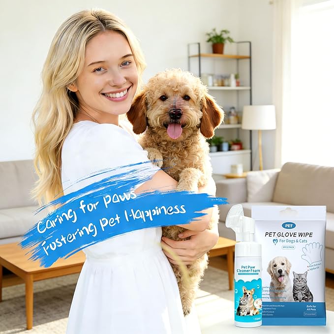 2-in-1 Pet Paw Cleaning Kit: No-Rinse Foam Cleaner & Pet Wipe Gloves, Foam Paw Scrubber for Dogs and Cats - Suitable for Small, Medium, Large Breeds, Puppies & Kittens with Dirty Paws