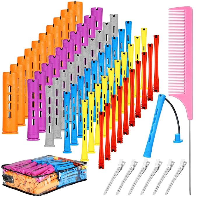 68 Pcs Hair Perm Rods Set - 6 Sizes Plastic Cold Wave Rods with Rat Tail Combs Hair Styling Clips, Perming Rods for Long Short Natural Hair Hairdressing Tools