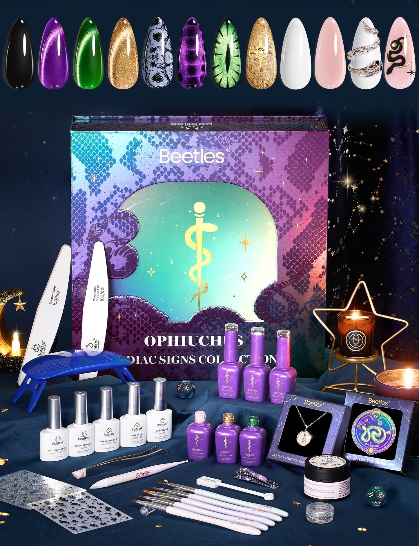 Beetles The Ophiuchus Sign Lucky Box, Ophiuchus Zodiac Gel Nail Polish Kit Nail Art Set Purple Green Gold Cat Eye Black White Gel Pink Jelly Base Top Coat Salon DIY Zodiac Gift for Women