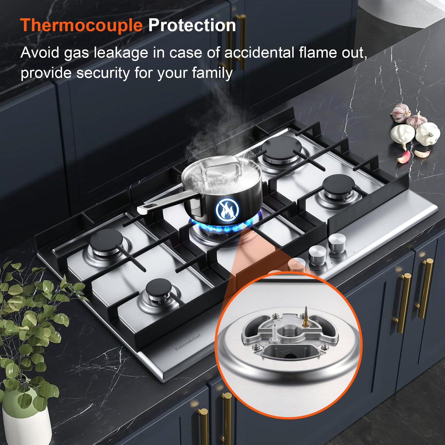 Eascookchef 30 inch Gas Cooktop, Gas Stove Top with 5 High Efficiency Burners, Bulit-in Stainless Steel Propane Cooktop for Kitchen, NG/LPG Convertible Stovetop, Thermocouple Protection