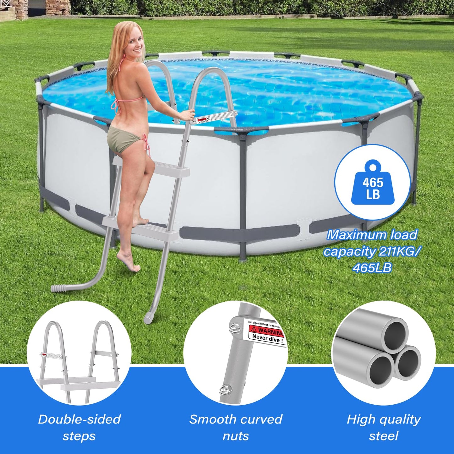 TIXANF 33" 2-Step Steel Frame Above Ground Swimming Pool Ladder,Heavy Duty Double Sided Removable Pool Steps,Pool Ladder Steps with Non-Slip Plastic Steps for Entry and Exit