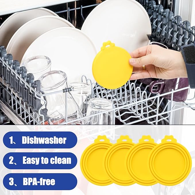 PINE & LINEN 4 Pcs Durable Pet Can Lids,One fit 3 Standard Size Silicone Waterproof Cat Food Cans Lids for 3oz/5.5oz/12.5oz/13.2oz Cat Food Cans（Yellow）