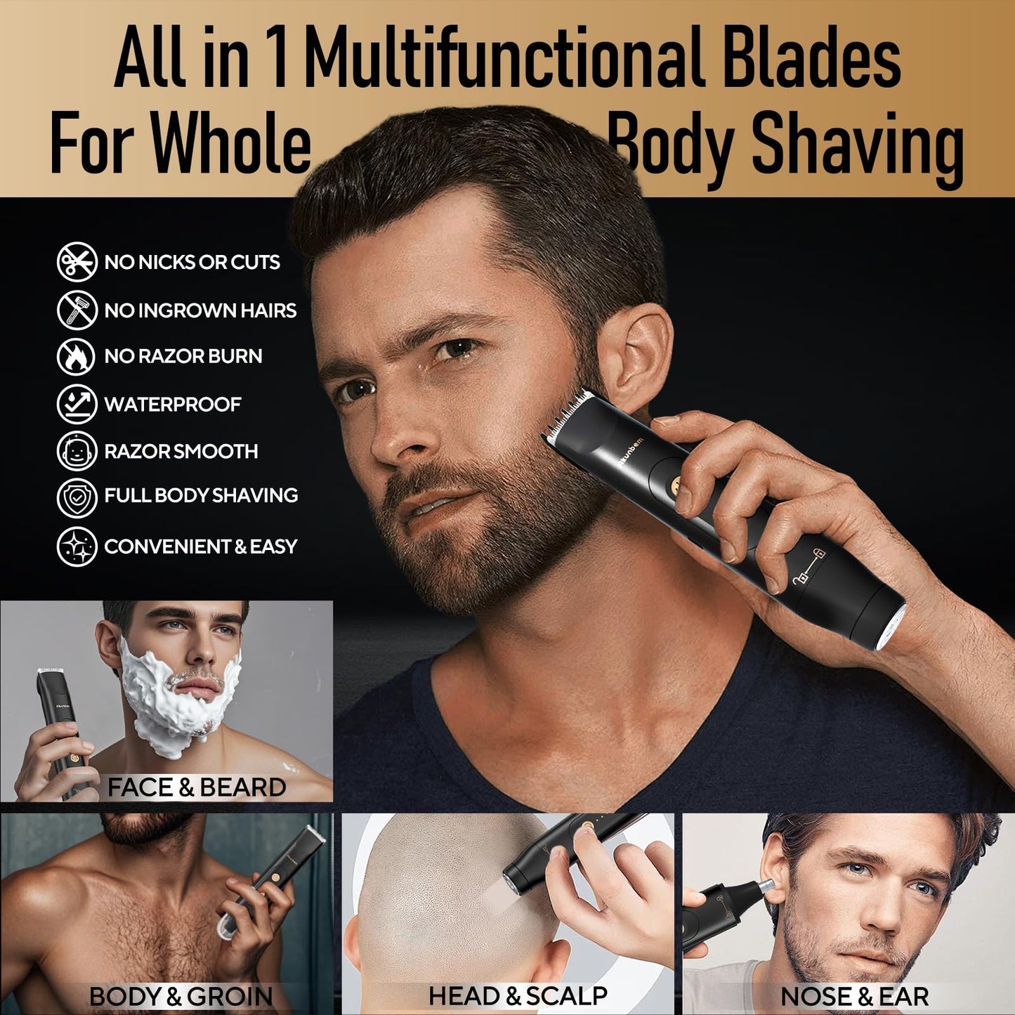 Akunbem Groin & Body Hair Trimmer for Men Bikini Trimmer Women Electric Ball Pubic Shaver IPX7 Waterproof Wet & Dry Use Versatile Shaver for Temple Groin Nose Ear Hairs Beard (Black)