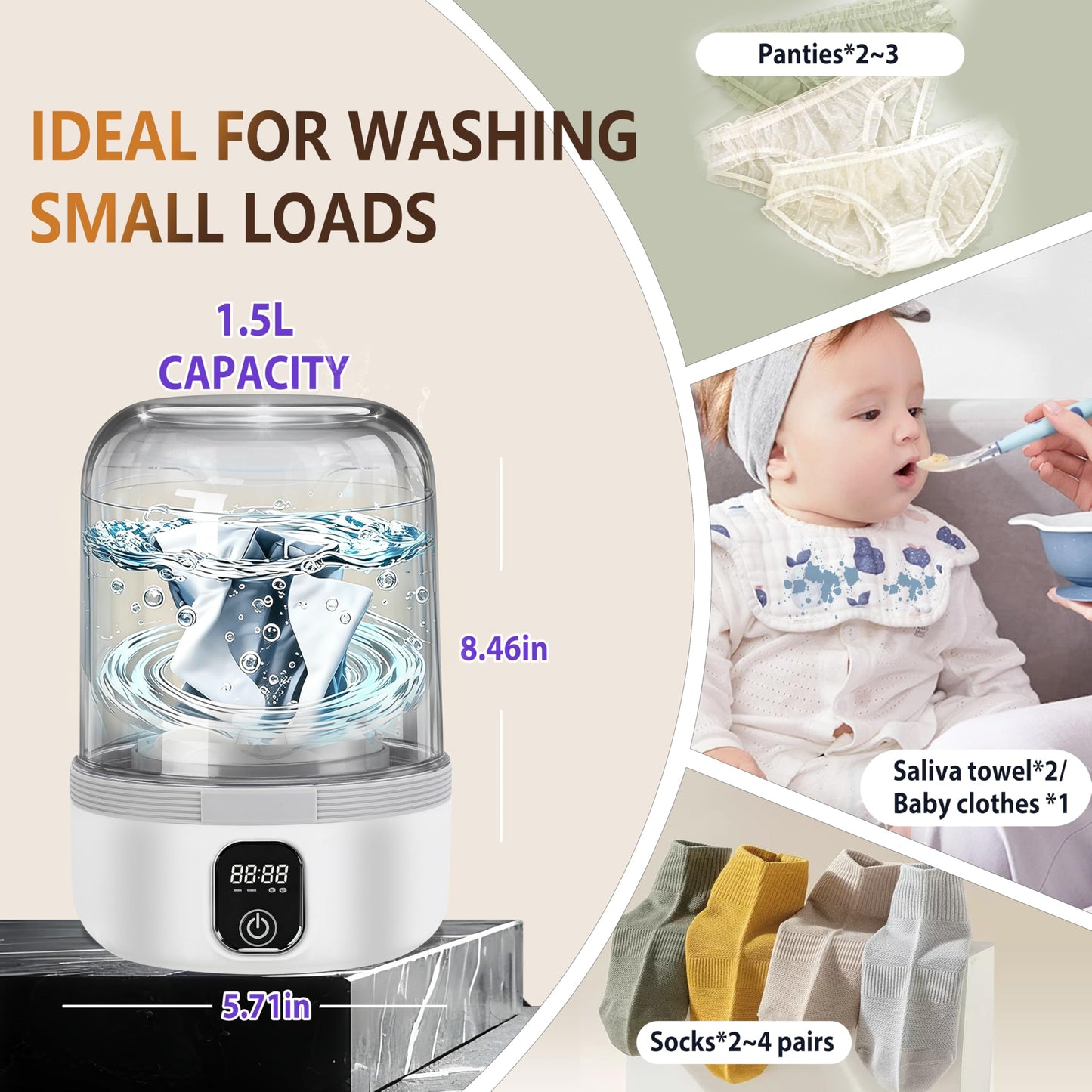 5.0 Upgraded Top Configuration Mini Washing Machine【7000mAh Luxury Dual Battery】【No.1 German Motor】【SGS-Certified UV-C Light】1.5L Portable Washer for Travel, Camping, Apartments, Dorm, RV, Hotel