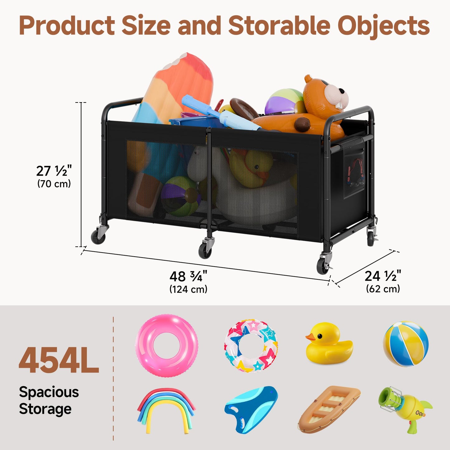StorageWorks 120 Gallon Pool Float Storage, Mesh Pool Toy Storage Bin with Wheel and Side Pockets, Small Swimming Organizer, Outdoor Noodles Holder, Black