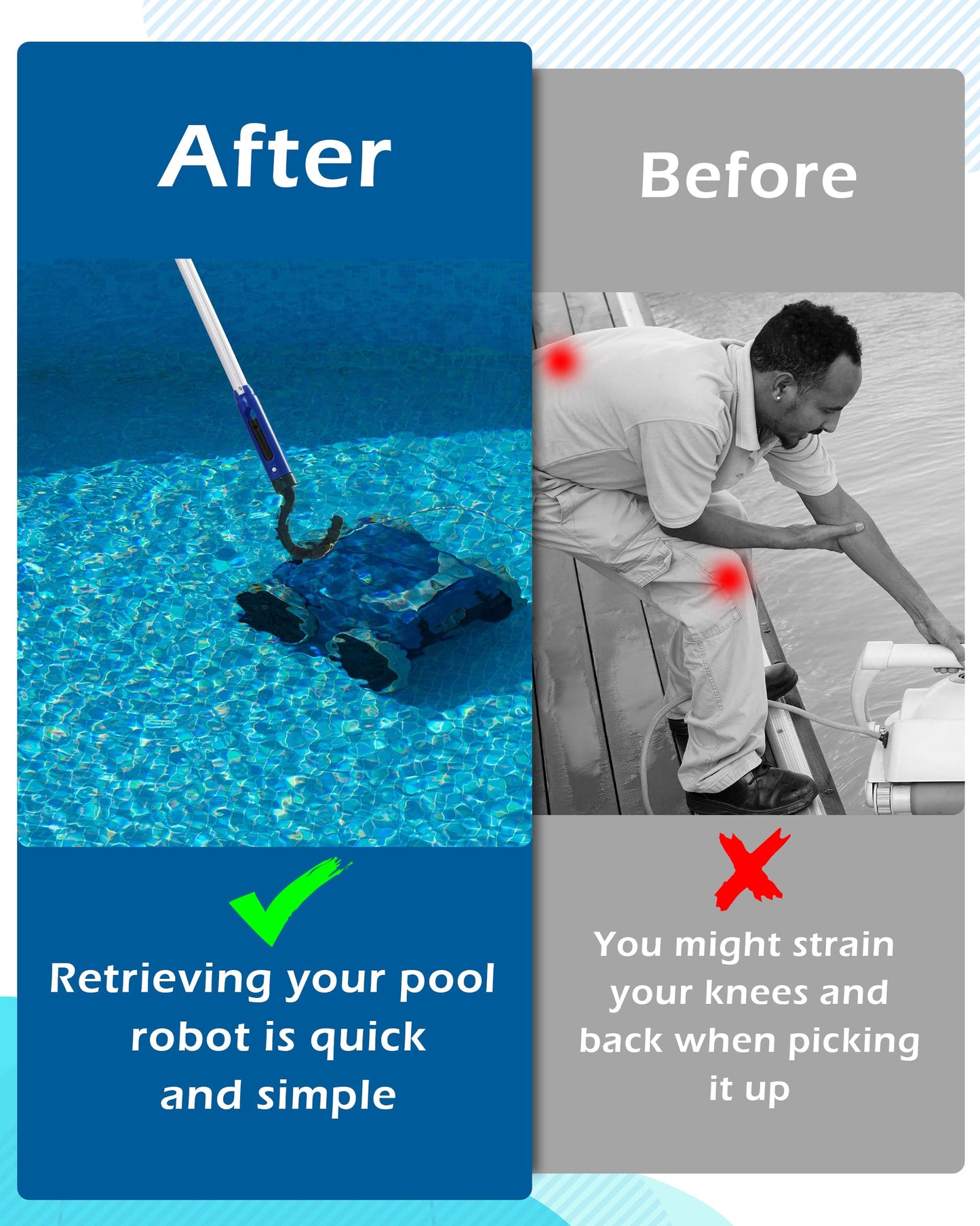 Pool Robot Retrieval Hook - 63.8 Inch Adjustable Stainless Aluminum Pole, Heavy-Duty Detachable Hook for Pool Robot Vacuum Robotic Pool Cleaner Including Cordless/Above Ground/Underwater Cleaners