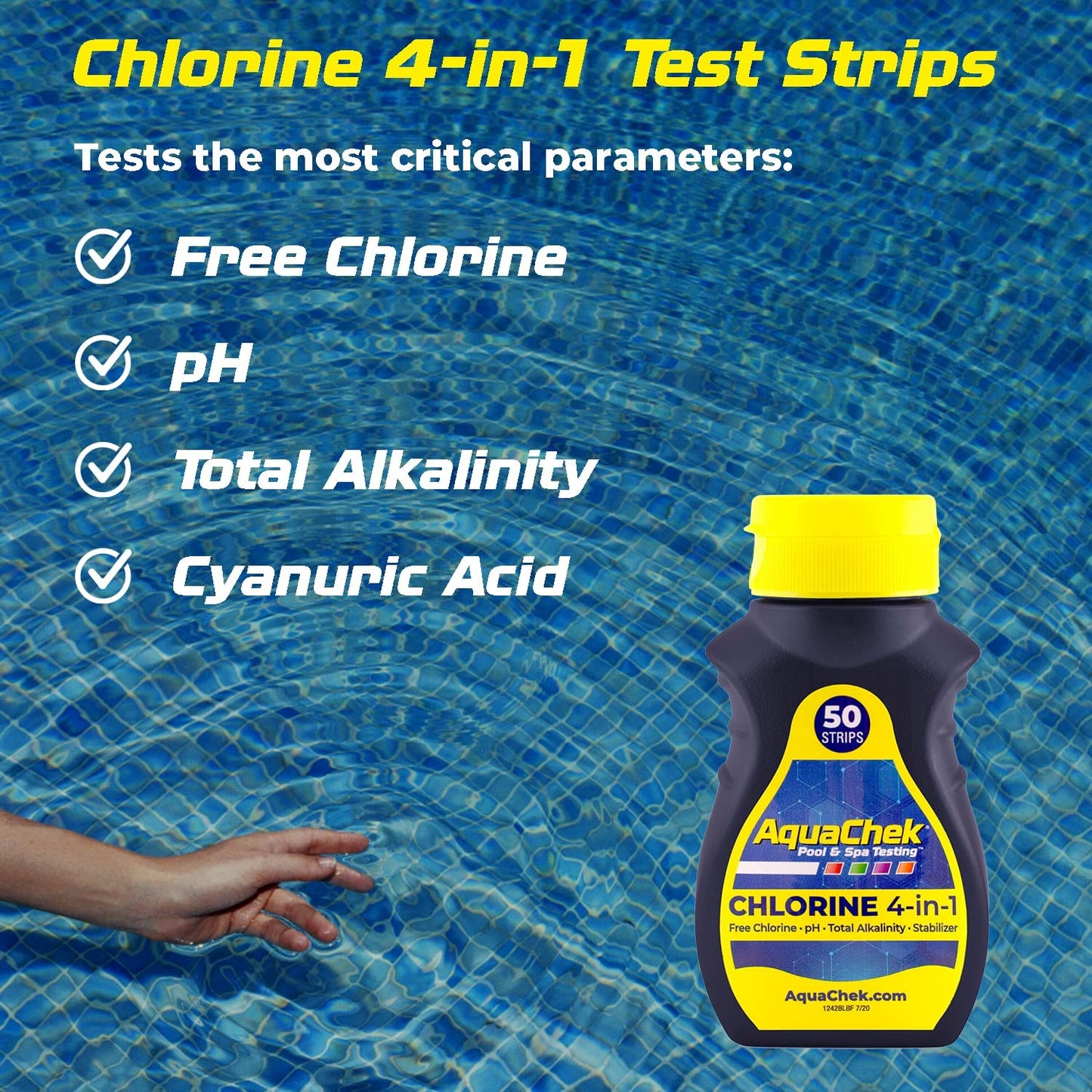 AquaChek Yellow 4-Way Test Strips for Pool & Spa – 50 Count – Lab Verified Accuracy for pH, Chlorine, Alkalinity & Cyanuric Acid – Fast Results – Made in USA - (2-Pack)