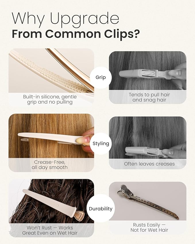 AIMIKE 4.8" Hair Clips for Styling – Built-In Silicone Band Duckbill Hair Clips, No-Crease Sectioning Clips for Thick, Curly Hair, Ideal for Makeup, Hairstyling & Rollers, 6-Pack, Desert Titanium