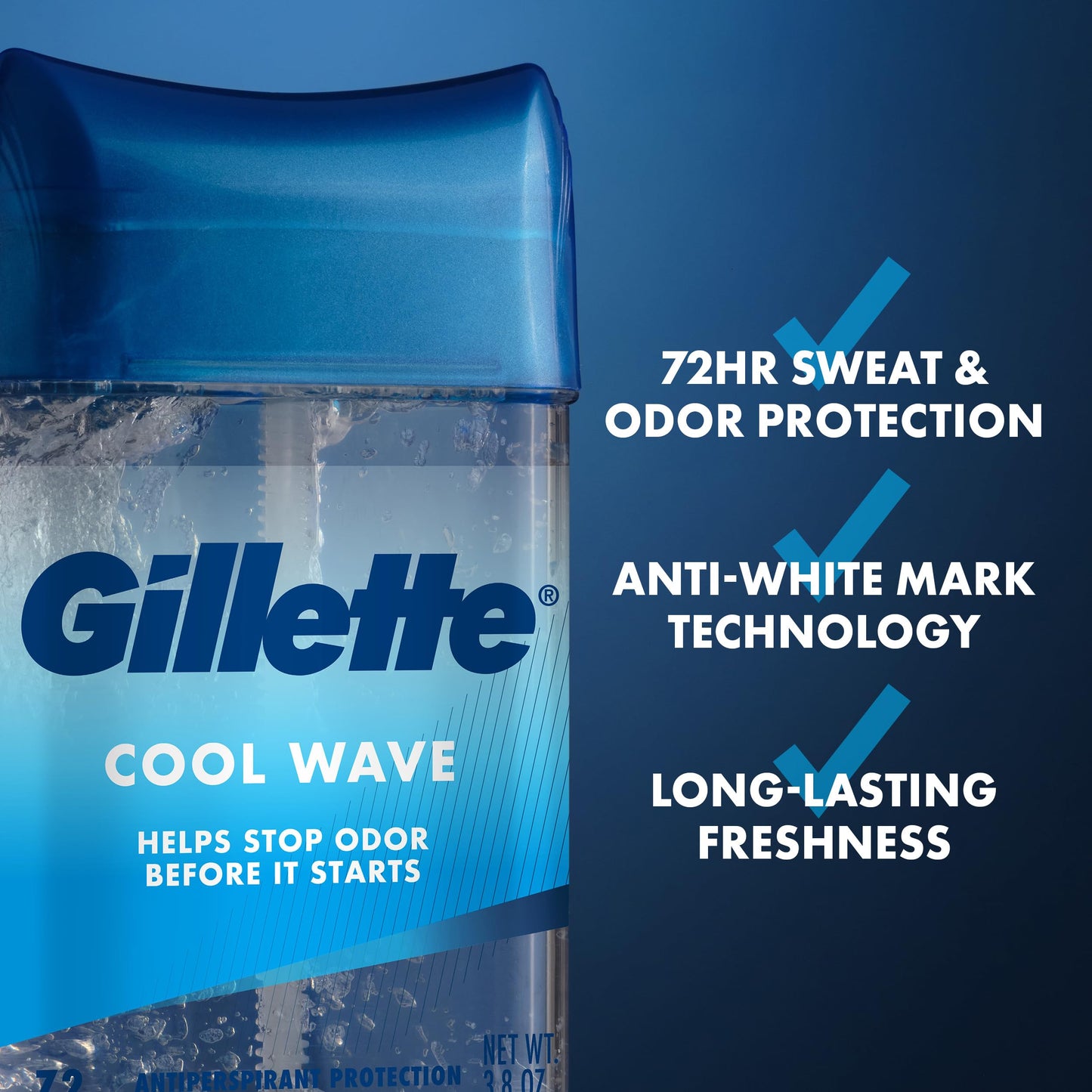 Gillette Antiperspirant and Deodorant for Men, 72hr Clinical Strength Sweat & Odor Protection, Long Lasting Freshness, Anti-White Mark Technology, Clear Gel, Cool Wave Scent, 3.8 oz (Pack of 4)