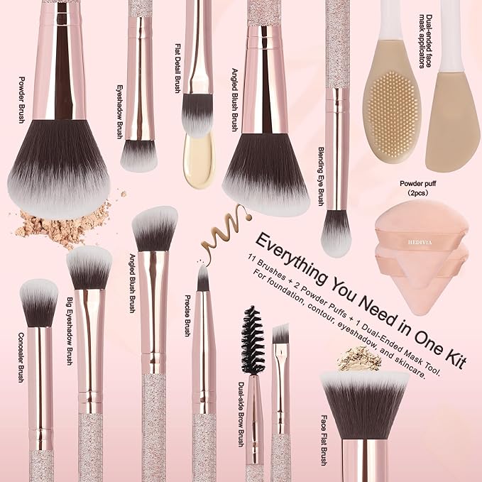Pink Makeup Brushes Set 14 Pcs Professional, Synthetic Foundation Concealer Powder Blush Eyeshadow Brushes with 2 Powder Puffs & Dual-ended Mask Applicator, Gifts for Women Teen Girls